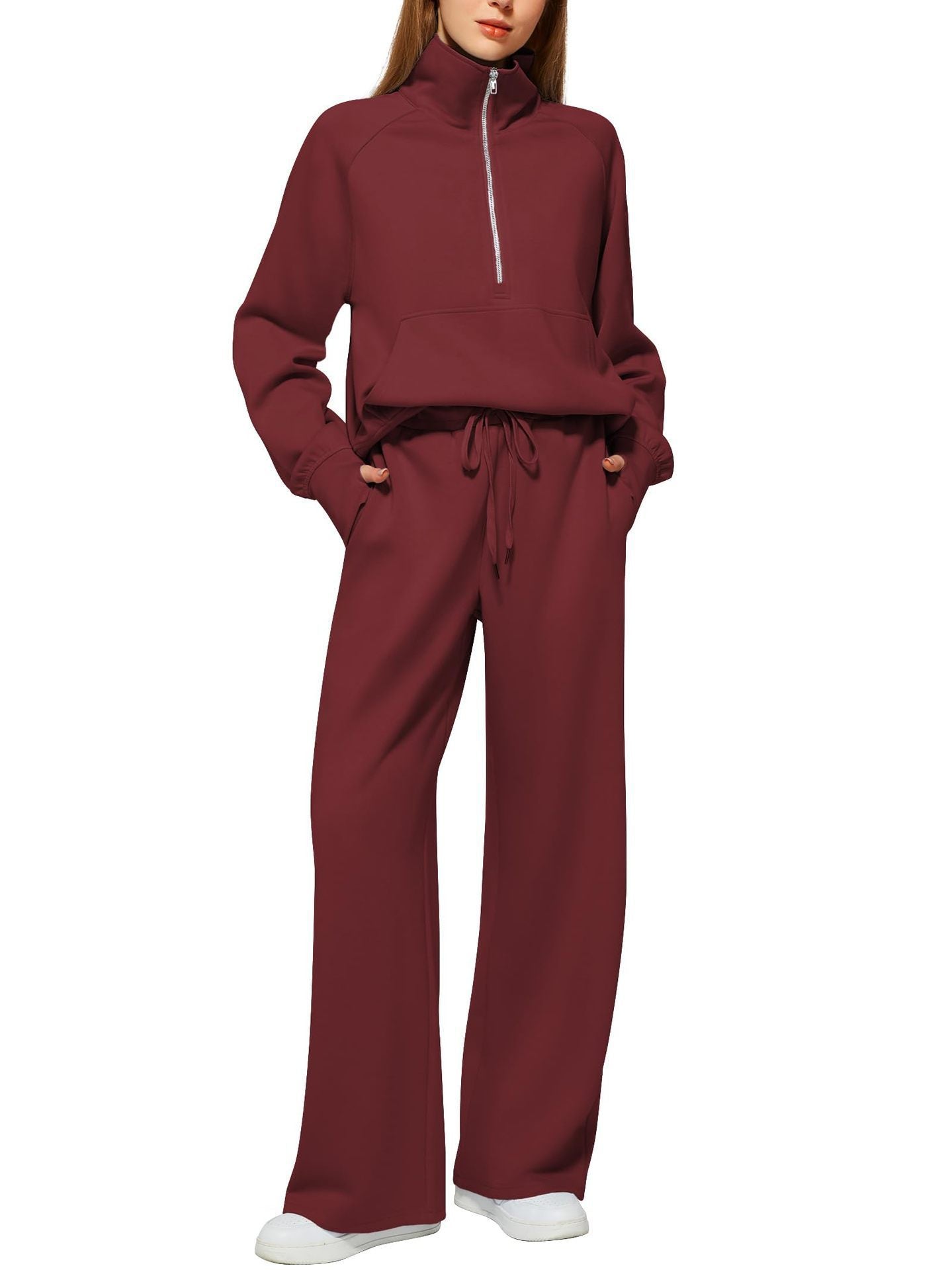 Women ounge sets feature drawstring sweatshirts and wide leg pants