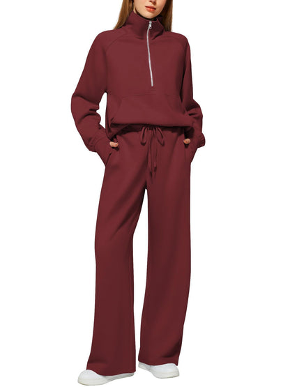 Women ounge sets feature drawstring sweatshirts and wide leg pants