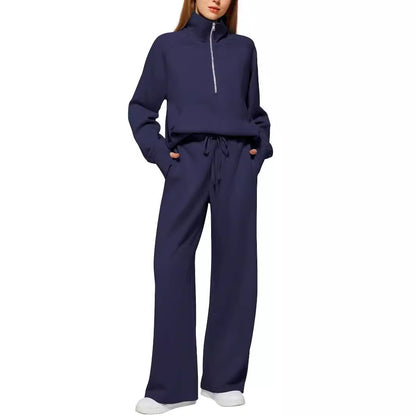 Women ounge sets feature drawstring sweatshirts and wide leg pants